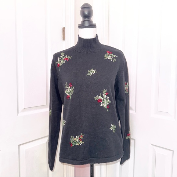 Talbotts High Neck Long Sleeve Black Mistletoe Sweater Medium - Picture 1 of 11